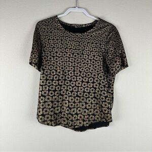 Equipment Gold Black Floral Riley Short Sleeve 100% Silk Tee Top Size Medium